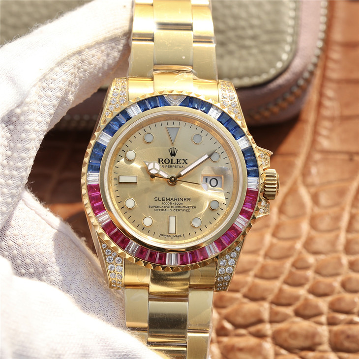 Rolex Submariner Golden Blue / Red Diamond Gold Dial 40mm