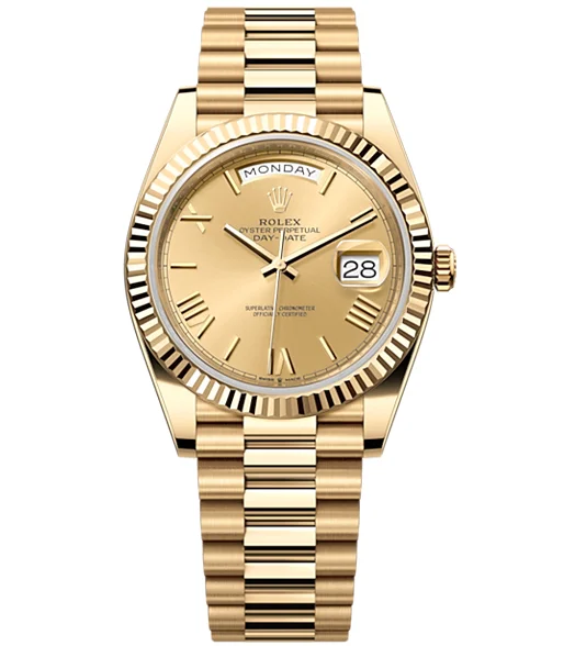 Rolex Day-Date 40 Presidential Champagne dial, Fluted Bezel, President bracelet, Yellow gold Watch