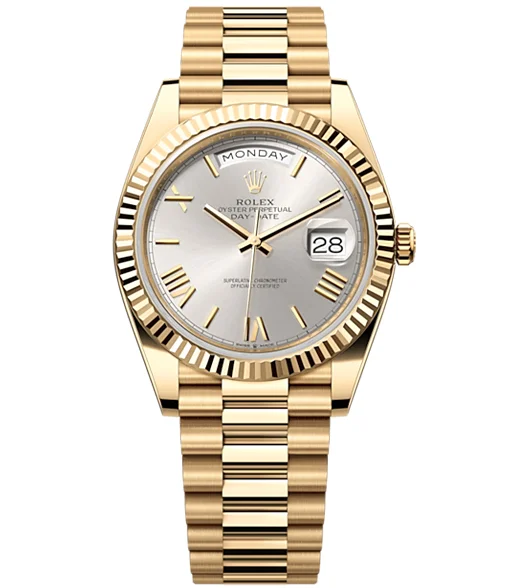 Rolex Day-Date 40 Presidential Silver dial, Fluted Bezel, President bracelet, Yellow gold Watch