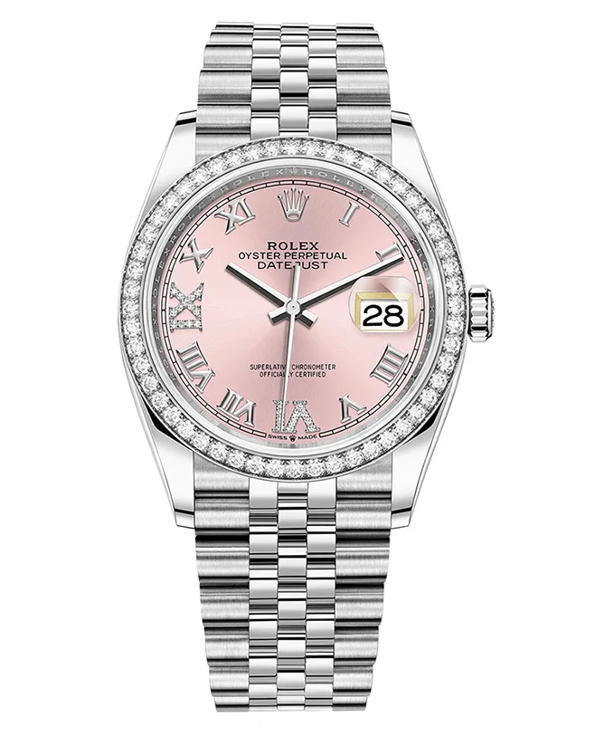 Rolex Datejust Pink Roman Numeral Dial Diamond Bezel 36mm 126284RBR